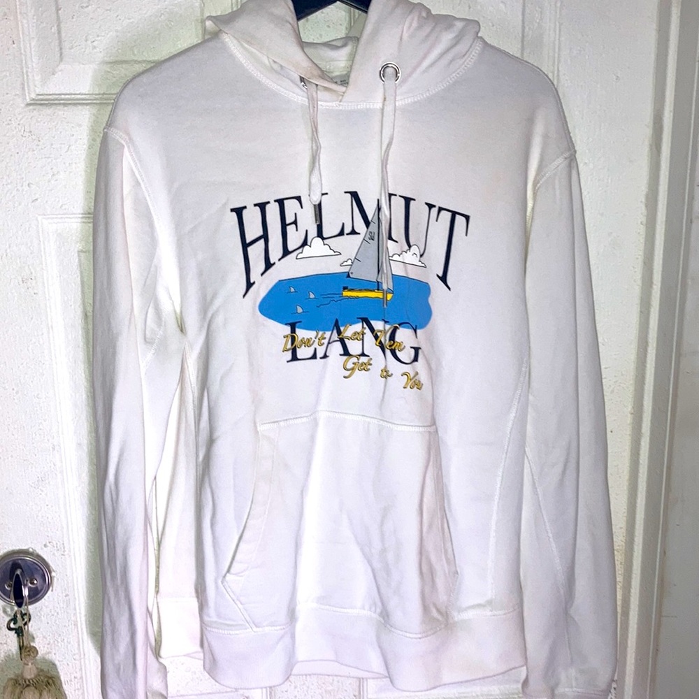 Helmut Lang White Hoodie Sweater Sweatshirt Sailboat Sharks Size Medium pockets